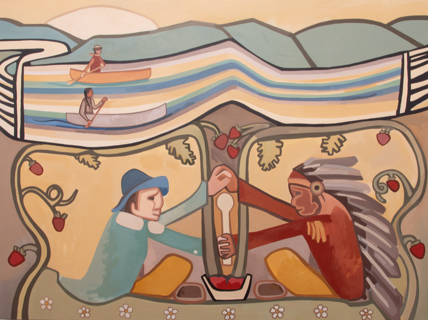 Settler and Indigenous person celebrate the two row wampum and the dish with one spoon